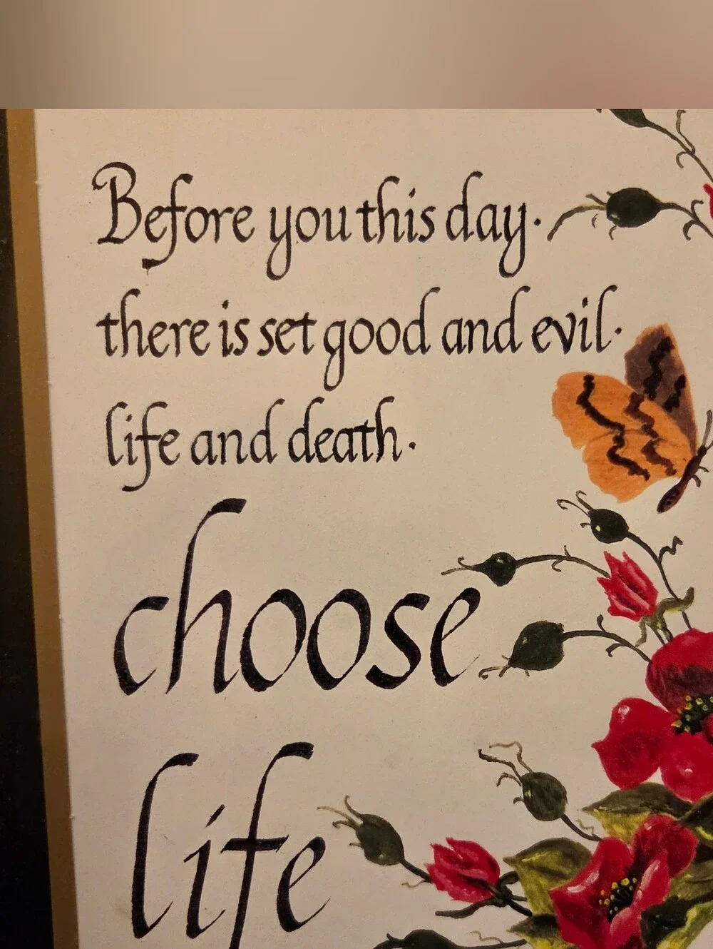 Vintage 1994 Christian Wall Art Deuteronomy 30:19 Hand Painted Signed Floral Art